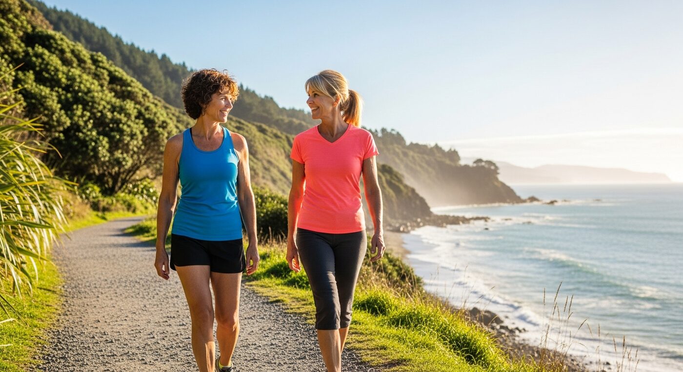Active women walking outdoors with healthy legs